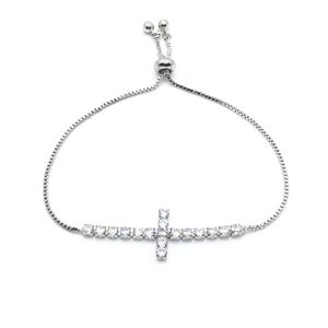 Silver Tone Box Chain Bracelet w/ 2" Cubic Zirconia Cross Pendant- NEW